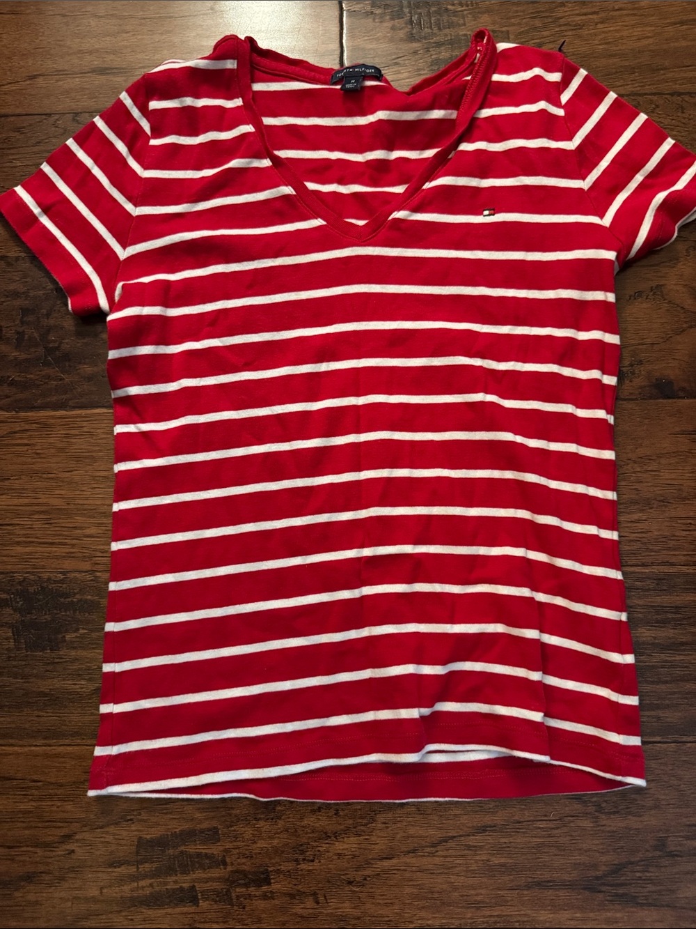 Tommy Hilfiger Red and White Striped V-Neck Short Sleeve Tee